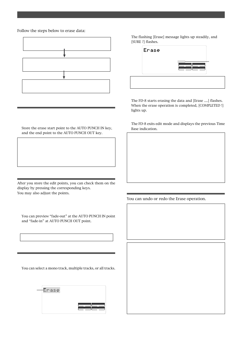 Storing the edit points, Checking and adjusting the edit points, Executing erase | Undo/redo erase | Fostex FD-8 User Manual | Page 60 / 121