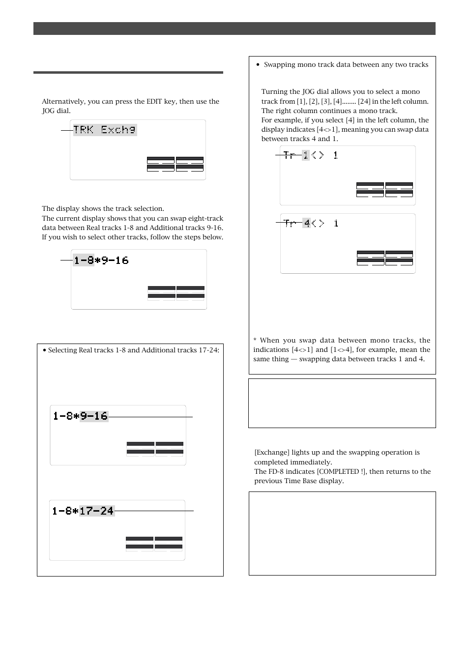 Executing track exchange, Editing tracks, Press the execute/yes key | Select the tracks to swap data, When [1-8] is flashing, turn the jog dial | Fostex FD-8 User Manual | Page 62 / 121