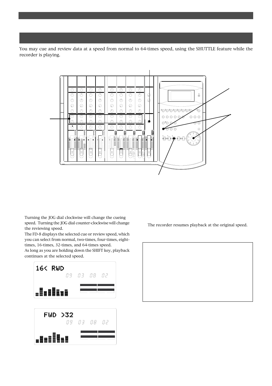 Cue & review function using the shuttle feature, Cue & review function | Fostex FD-8 User Manual | Page 65 / 121