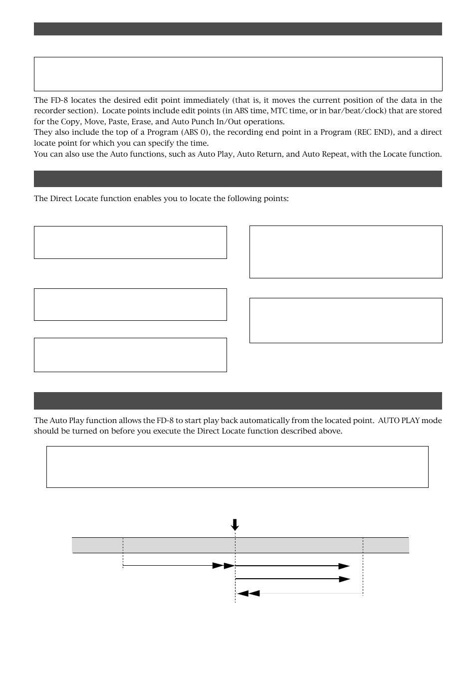 Locate function, Auto play, Direct locate | Fostex FD-8 User Manual | Page 70 / 121