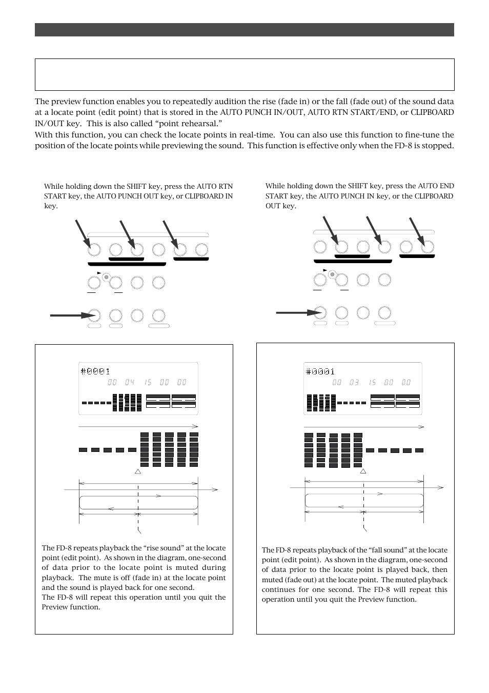 Preview function, Previewing the rise of the sound (fade in), Previewing the fall of the sound (fade out) | Display indication during the preview operation | Fostex FD-8 User Manual | Page 74 / 121