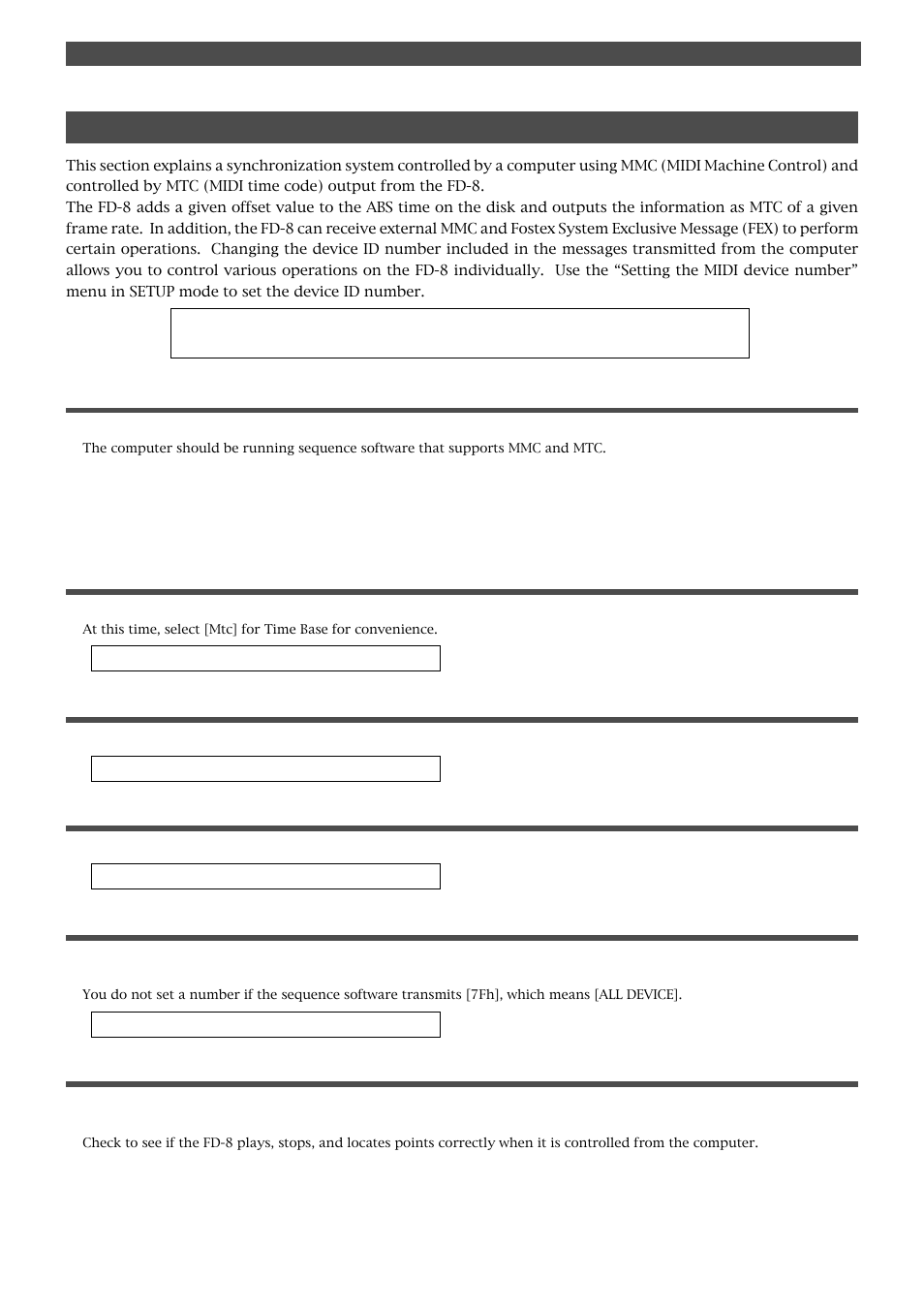 Mtc sync/machine control system, Connecting an external device, Setting midi sync out | Setting mtc offset, Setting a frame rate, Setting the device id number, Checking synchronization and machine control | Fostex FD-8 User Manual | Page 79 / 121