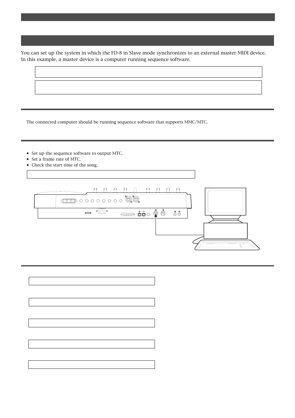 Sync system in slave mode, 81 connecting an external device, Setting up the external device | Setting the fd-8, Midi synchronization, Set the following items on the sequence software | Fostex FD-8 User Manual | Page 81 / 121