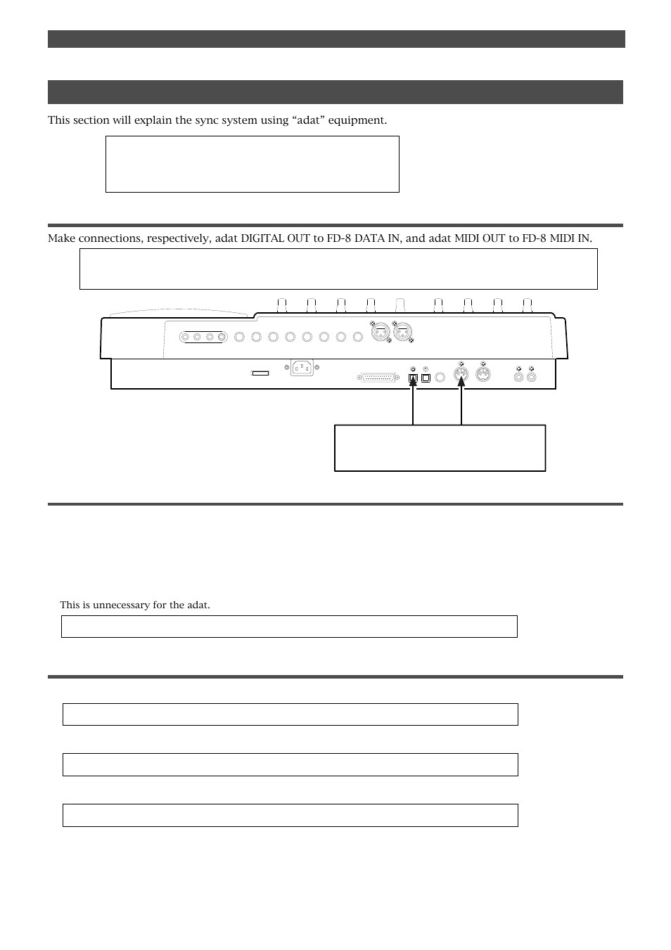Adat, Sync system with “adat” by the slave mode, Equipment connections | Setup of adat (master), Setting on the fd-8 (slave), Midi synchronization, Master slave (fd-8) | Fostex FD-8 User Manual | Page 83 / 121