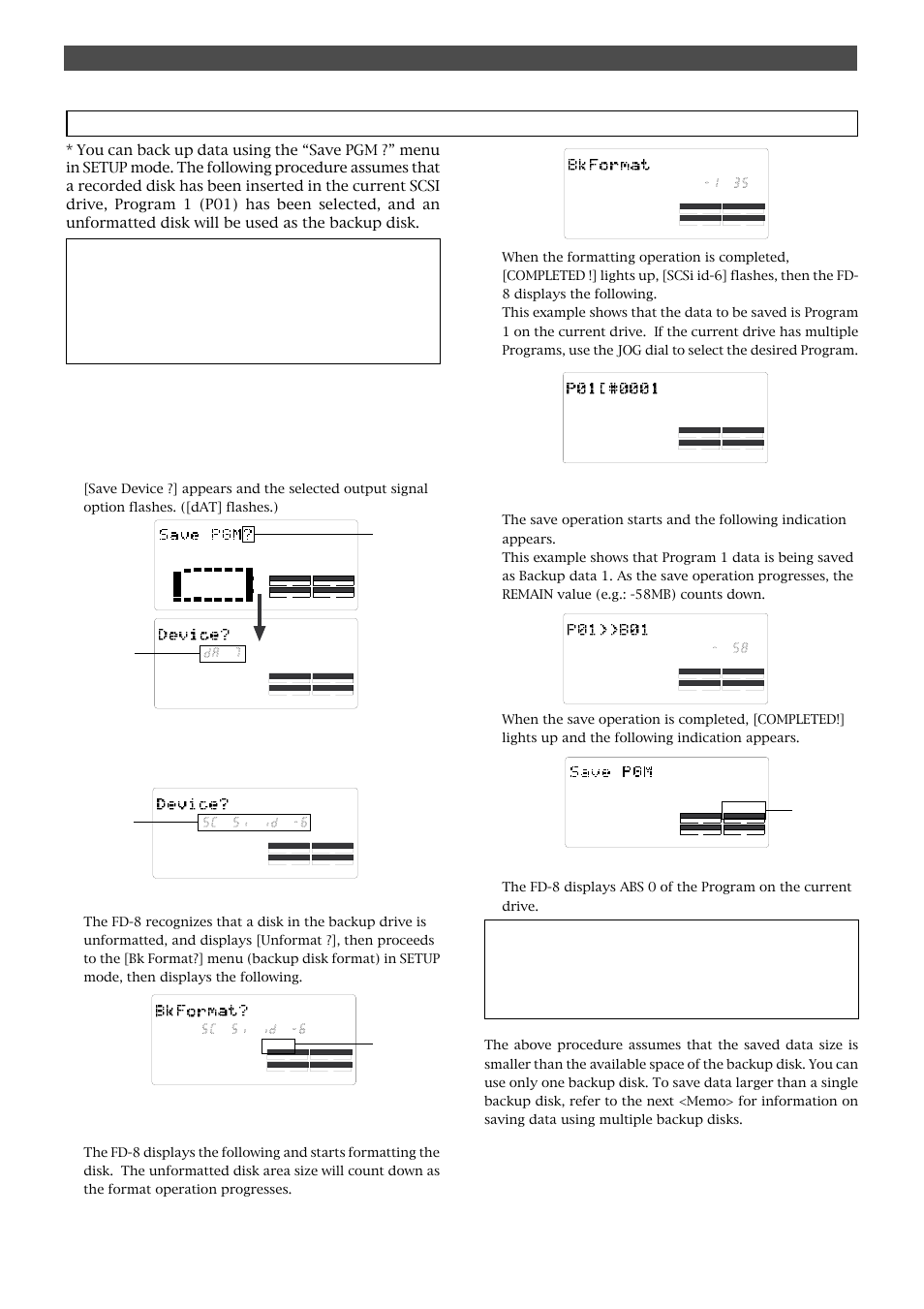 Saving data, Saving and loading song data, Press the exit/no key to exit setup mode | Save pgm ?] menu, Flashing, Flashing lights up flashing | Fostex FD-8 User Manual | Page 88 / 121