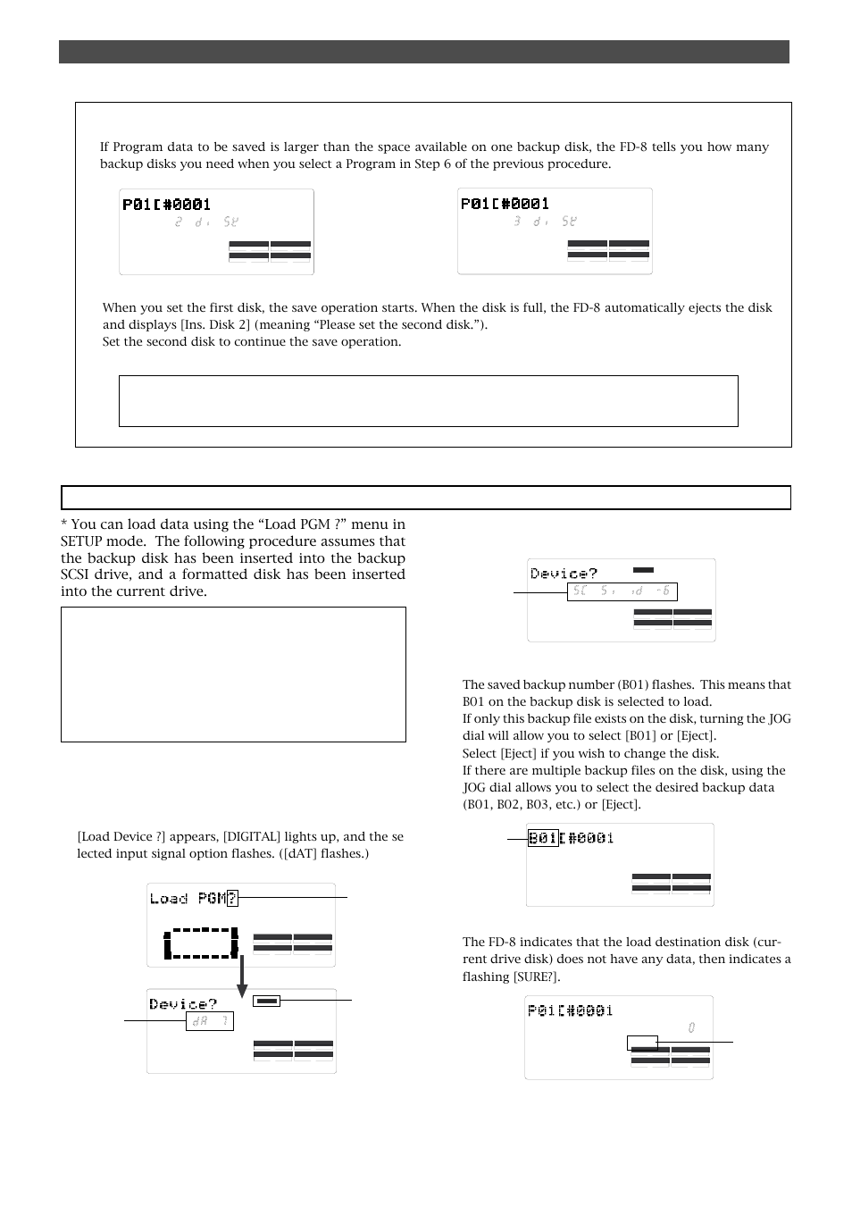 Loading data, Saving and loading song data, Press the execute/yes key | Load pgm ?] menu, Flashing, Flashing lights up flashing flashing flashing | Fostex FD-8 User Manual | Page 89 / 121