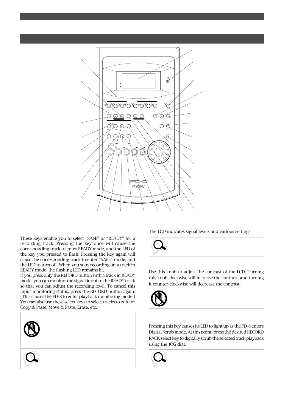 Names and functions, Contrast adjustment knob, Scrub key [scrub | Letters in brackets ([ ]) are labels on the panel | Fostex FD-8 User Manual | Page 9 / 121