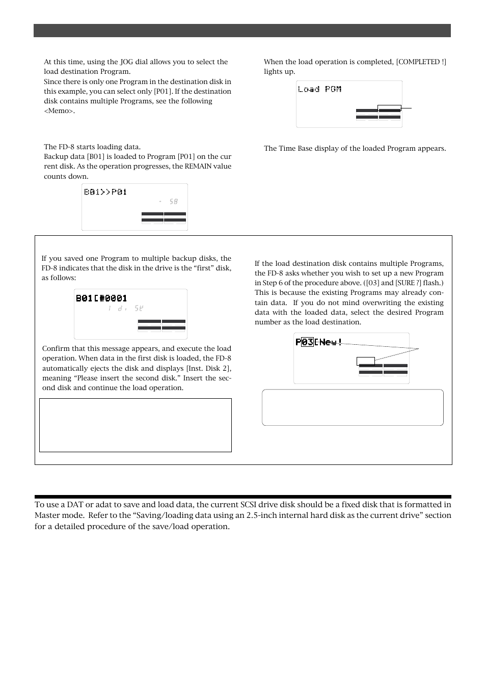 Saving/loading via a dat or adat, Saving and loading song data, Press the exit/no key to exit setup mode | Fostex FD-8 User Manual | Page 90 / 121