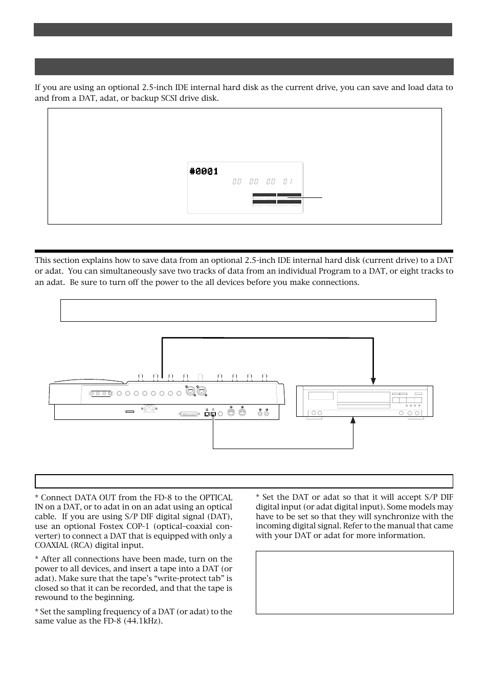 Saving song data via a dat or adat, Dat (or adat) connection and preparation, Saving and loading song data | Save, Ide] lights up | Fostex FD-8 User Manual | Page 91 / 121