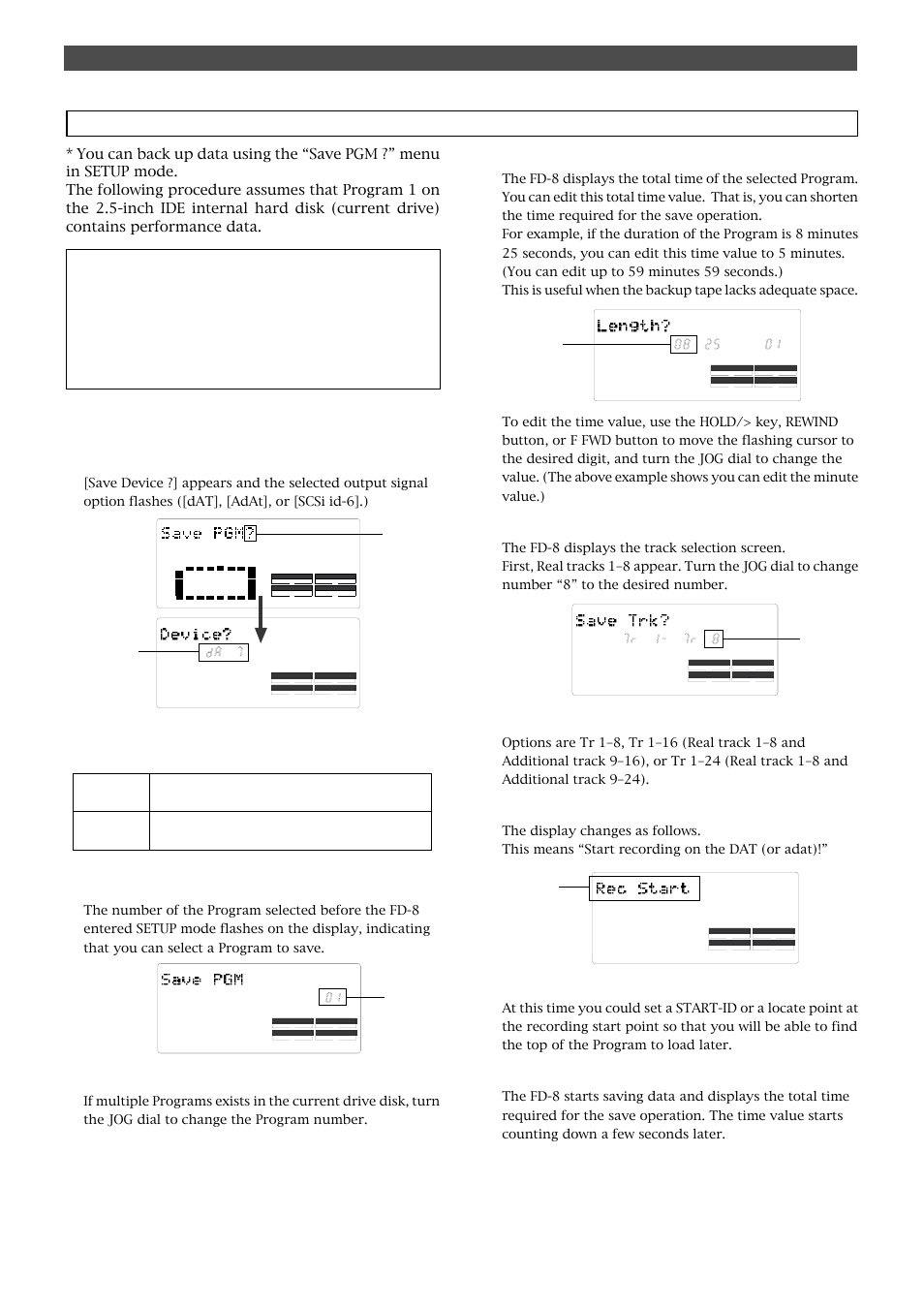 Saving data, Saving and loading song data, Use the jog dial to select a program to save | Press the execute/yes key, Use the jog dial to select the desired tracks, Start recording on the dat (or adat), Save pgm ?] menu, Flashing | Fostex FD-8 User Manual | Page 92 / 121