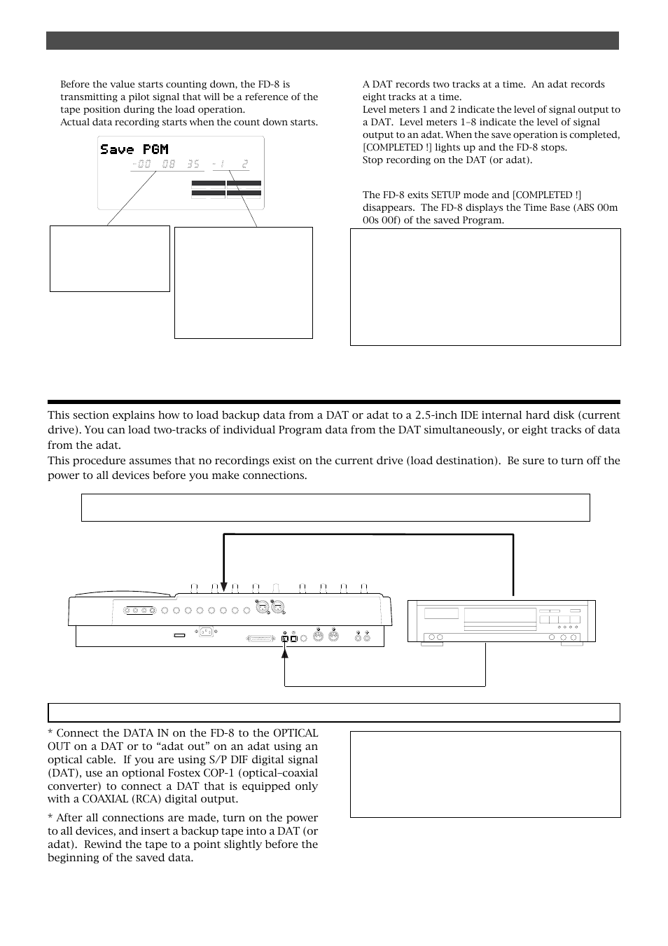 Loading song data via a dat or adat, Dat (or adat) connection and preparation, Tips | Saving and loading song data, Press the exit/no key or the stop button | Fostex FD-8 User Manual | Page 93 / 121