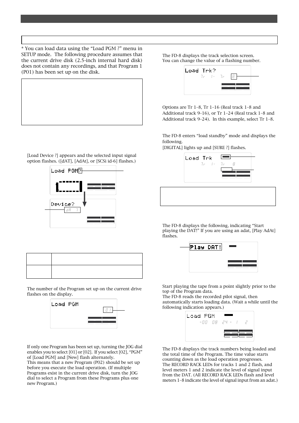 Loading data, Saving and loading song data, Press the execute/yes key | Use the jog dial to select the desired tracks, Start playing the dat (or adat), Load pgm ?] menu, Flashing, Flashing lights up | Fostex FD-8 User Manual | Page 94 / 121