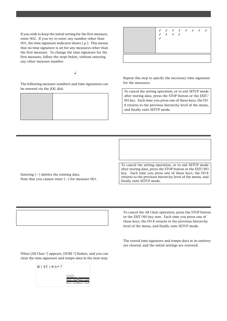 Modifying (or deleting) stored time signatures, Clearing all time signature and tempo settings | Fostex FD-8 User Manual | Page 99 / 121