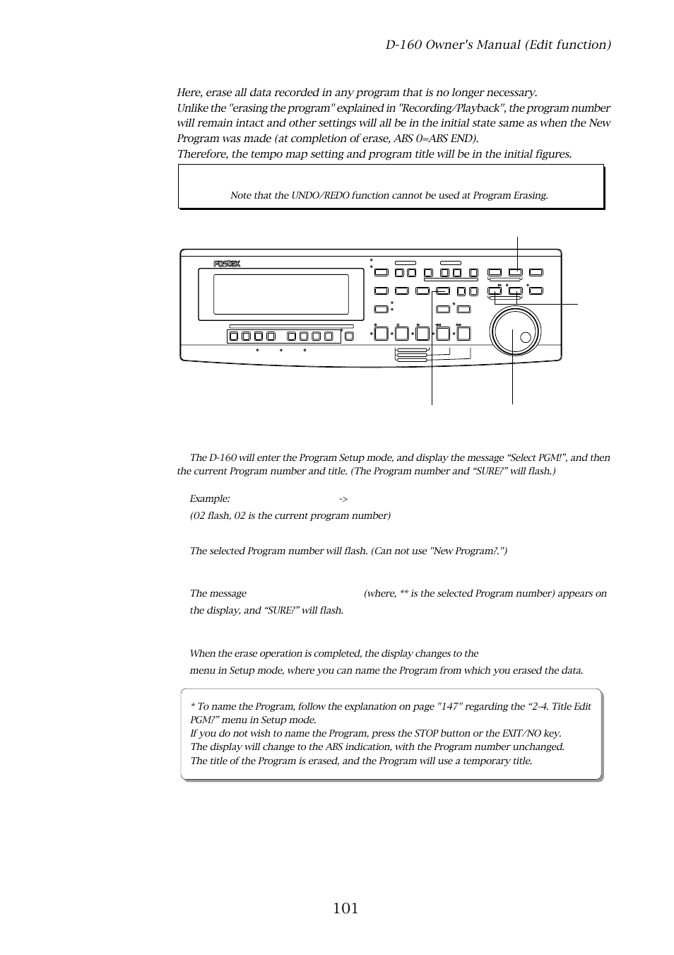 5. erasing specific data (program erase), Select pgm, Erase pgm | Title edit pgm, D-160 owner's manual (edit function), Press the erase key, Press the execute/yes key, D-160, 02 flash, 02 is the current program number), The message | Fostex D-160 User Manual | Page 101 / 196