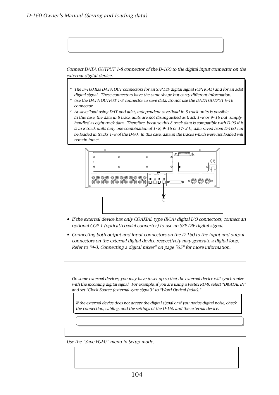 Saving the data using data out, D-160 owner's manual (saving and loading data), Connecting an external device | D-160, Setting up an external device, Executing the save operation, Optical, Ne pas ouvrir :risque de choc electrique, Do not open risk of electric shock, Digital in | Fostex D-160 User Manual | Page 104 / 196