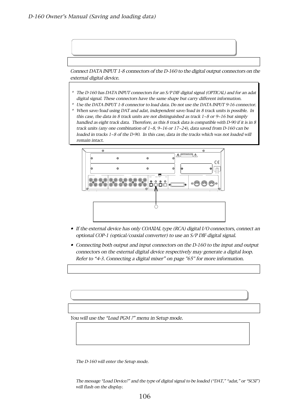 Loading the data using data in, External digital equipment (dat or rd-8 or adat), D-160 owner's manual (saving and loading data) | Connecting the external device, Setting up an external device, Executing the load operation, D-160, Optical, Ne pas ouvrir :risque de choc electrique, Do not open risk of electric shock | Fostex D-160 User Manual | Page 106 / 196