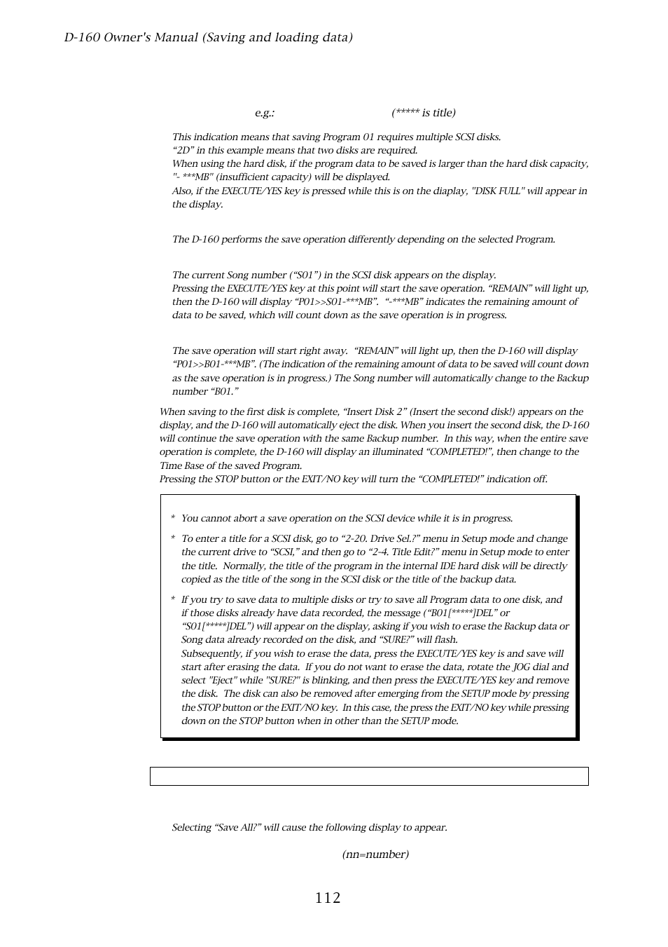 P01[********** ]2d, Save all? (nn/nn) | Fostex D-160 User Manual | Page 112 / 196