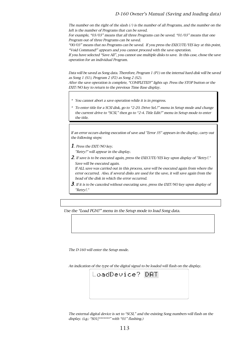 D-160 owner's manual (saving and loading data), Loading song data | Fostex D-160 User Manual | Page 113 / 196