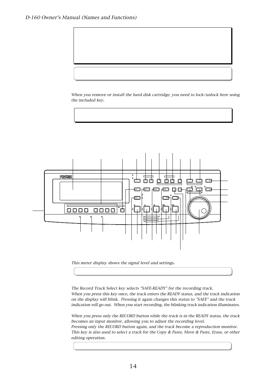 Detachable controller, Meter display, Record track select key [record track | Lock/unlock key, D-160 owner's manual (names and functions), D-160 | Fostex D-160 User Manual | Page 14 / 196