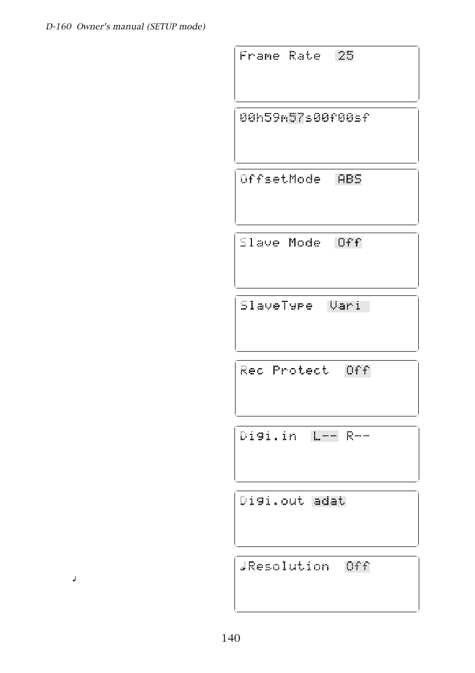 D-160 owner's manual (setup mode), Frame rate?