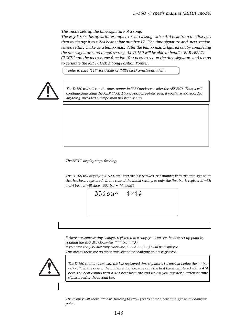 2. time signature setting, D-160 owner's manual (setup mode), Time signature setting check | Time signature register | Fostex D-160 User Manual | Page 143 / 196