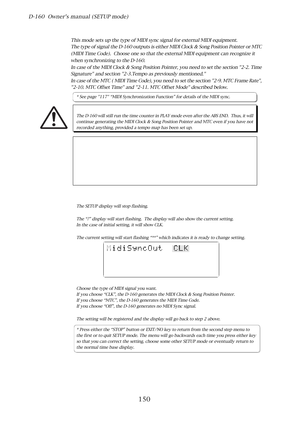 8. midi sync signal output setting, D-160 owner's manual (setup mode), With the jog dial, choose “midisyncout | Press the execute/yes key | Fostex D-160 User Manual | Page 150 / 196