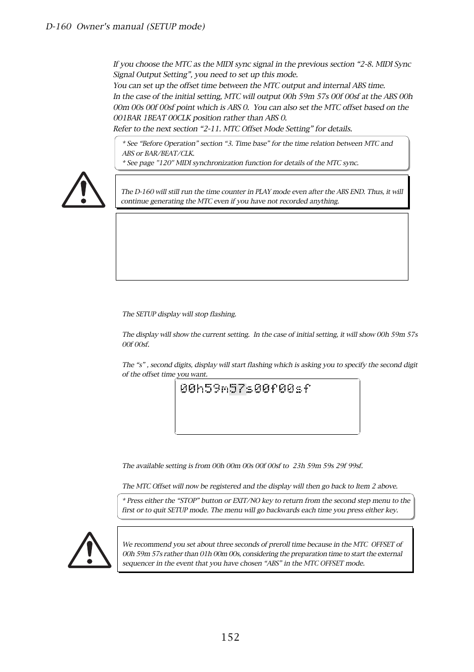 10. mtc offset time setting, 10. mtc offset time setting (“mtc offset”), D-160 owner's manual (setup mode) | With the jog dial, choose “offset, Press the execute/yes key | Fostex D-160 User Manual | Page 152 / 196