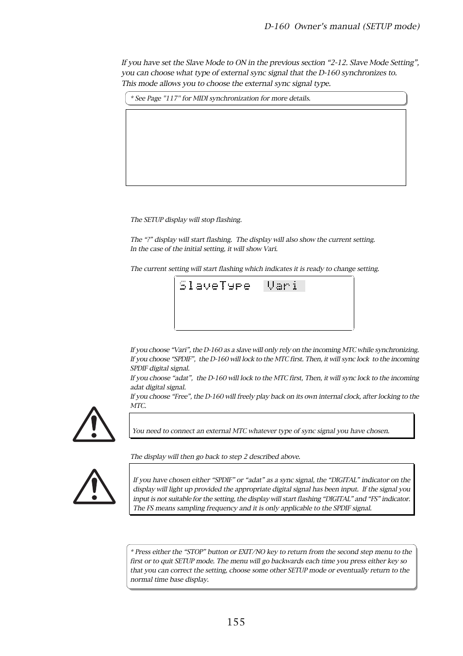 13. slave mode type setting, D-160 owner's manual (setup mode), With the jog dial, choose “slave type | Press the execute/yes key, With the jog dial, choose the setting you want | Fostex D-160 User Manual | Page 155 / 196