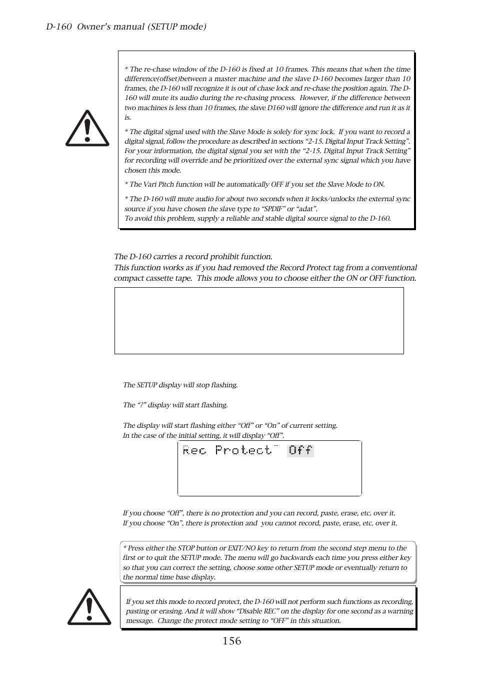 14. record protect setting, 14. record protect setting (“rec protect?”), D-160 owner's manual (setup mode) | With the jog dial, choose “rec protect, Press the execute/yes key, Choose either on or off with the jog dial, Press the execute/yes key again to proceed | Fostex D-160 User Manual | Page 156 / 196
