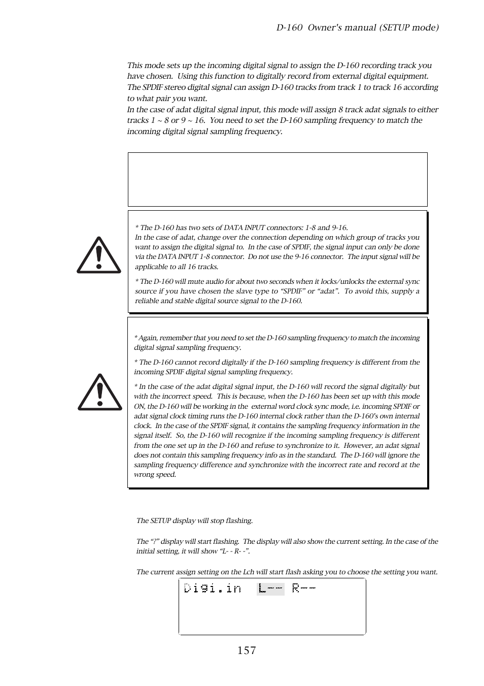 15. digital input track setting, Important, D-160 owner's manual (setup mode) | With the jog dial, choose “digi.in, Press the execute/yes key, The setup display will stop flashing | Fostex D-160 User Manual | Page 157 / 196