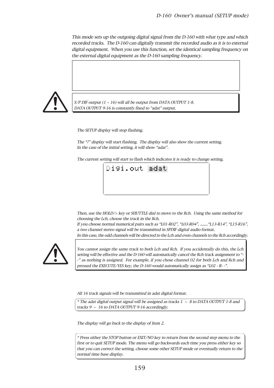 16. digital out track setting, D-160 owner's manual (setup mode), With the jog dial, choose “digi.out | Press the execute/yes key | Fostex D-160 User Manual | Page 159 / 196