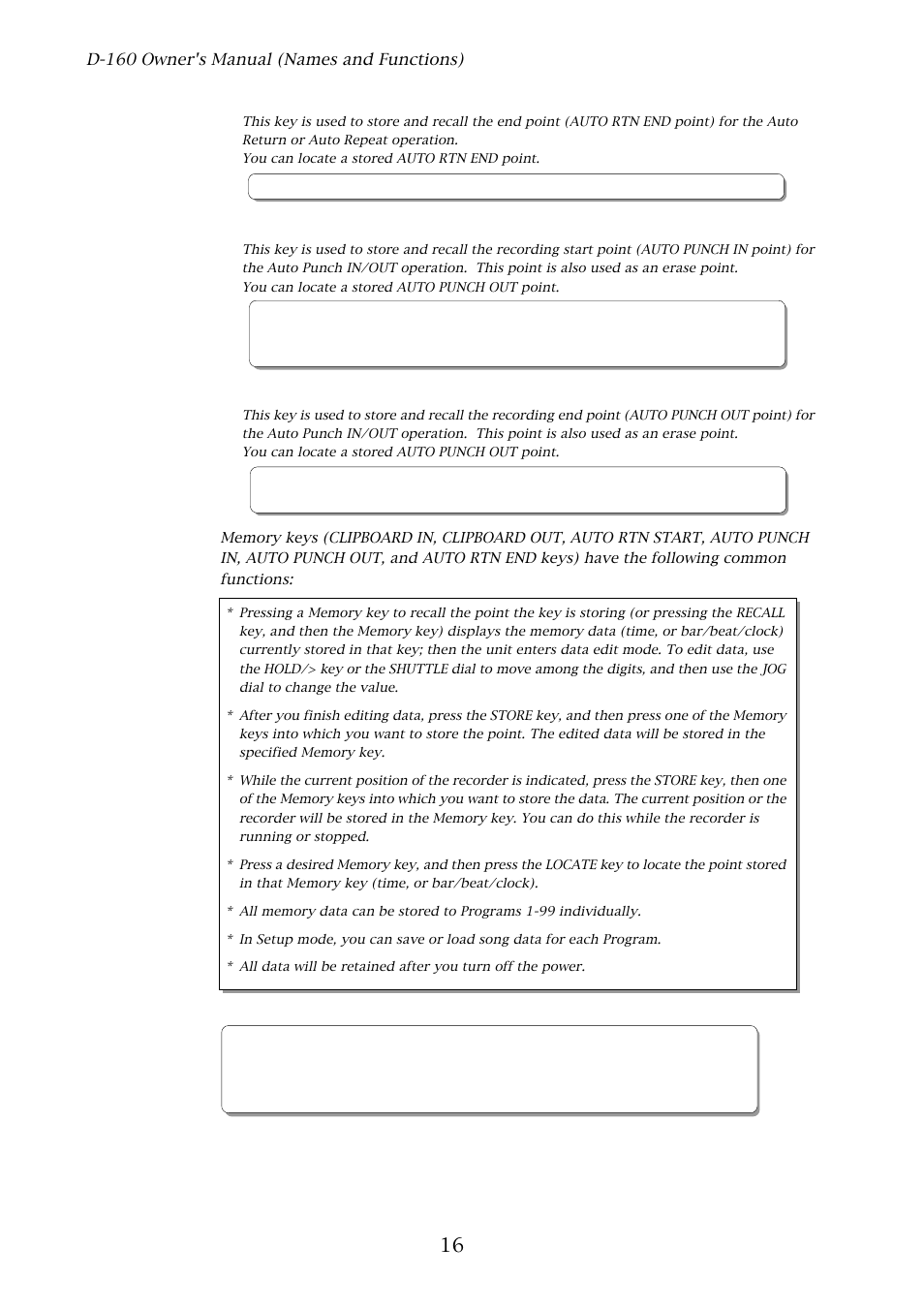 Auto return end key [auto rtn end, Auto punch in key [auto punch in, Auto punch out key [auto punch out | Fostex D-160 User Manual | Page 16 / 196