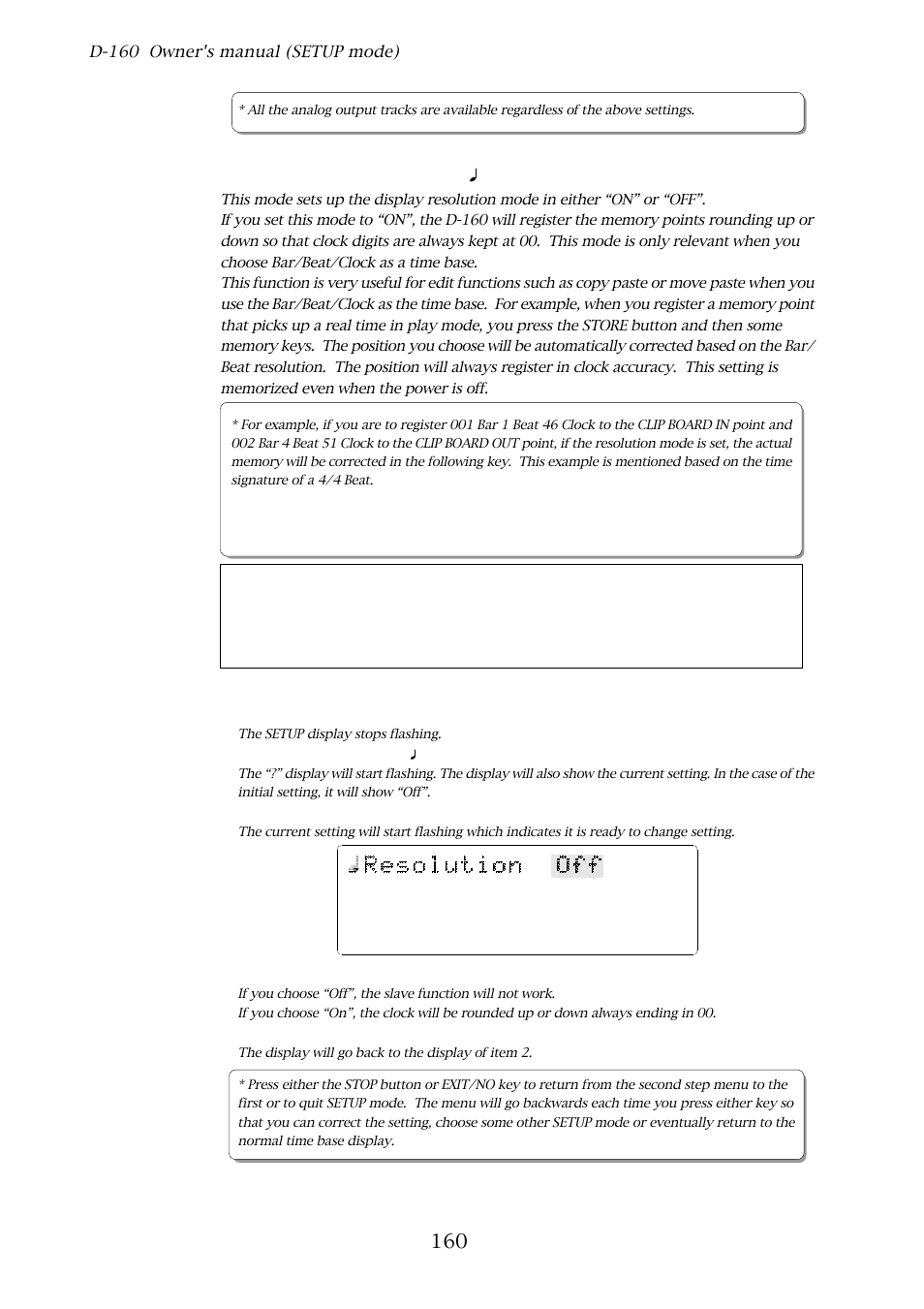 17. bar/beat resolution mode setting, D-160 owner's manual (setup mode), With the jog dial, choose “ resolution | Press the execute/yes key, With the jog dial, choose either “on” or “off, The setup display stops flashing | Fostex D-160 User Manual | Page 160 / 196