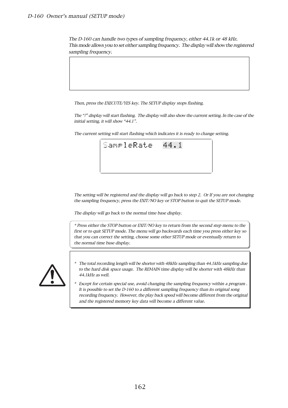 19. sampling frequency setting, D-160 owner's manual (setup mode), With the jog dial, choose “sample rate | Press the execute/yes key | Fostex D-160 User Manual | Page 162 / 196