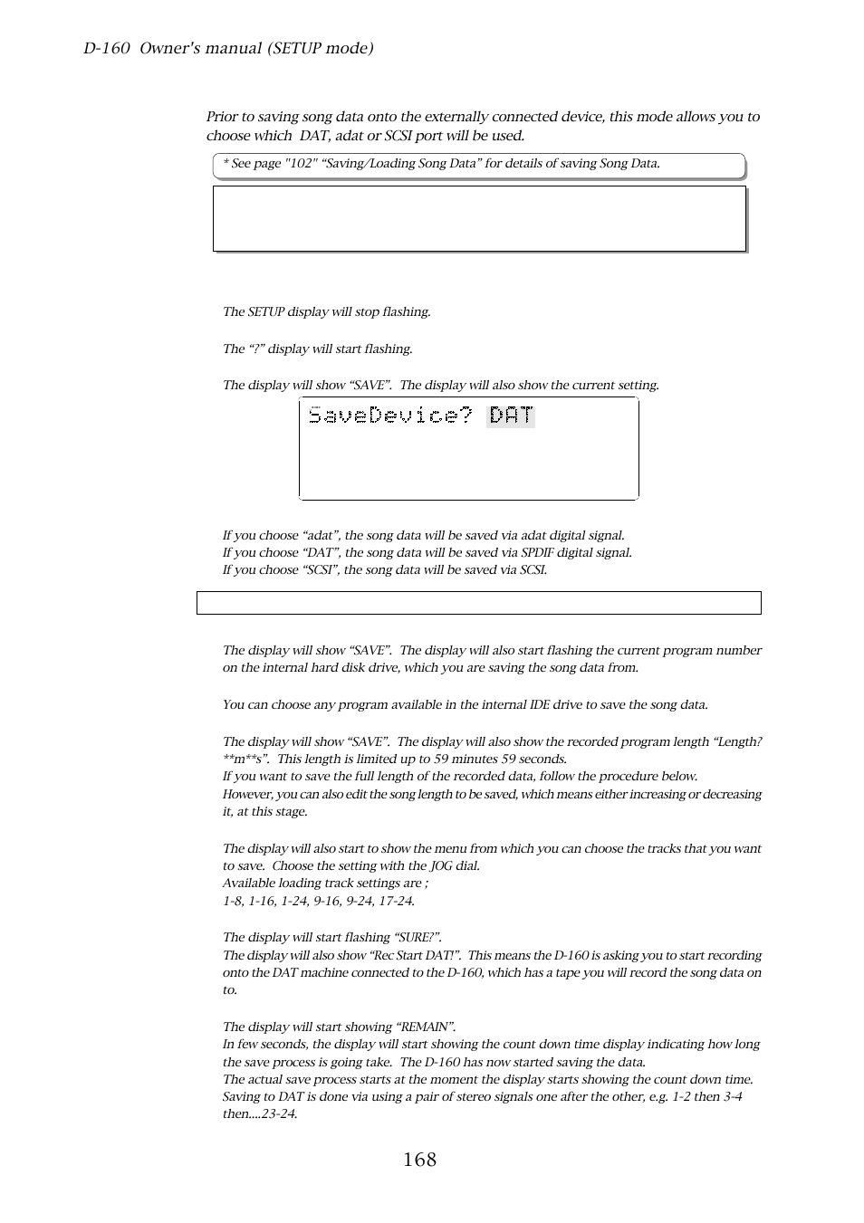 23. saving song data, D-160 owner's manual (setup mode), Save to “dat | With the jog dial, choose “save pgm, Press the execute/yes key | Fostex D-160 User Manual | Page 168 / 196