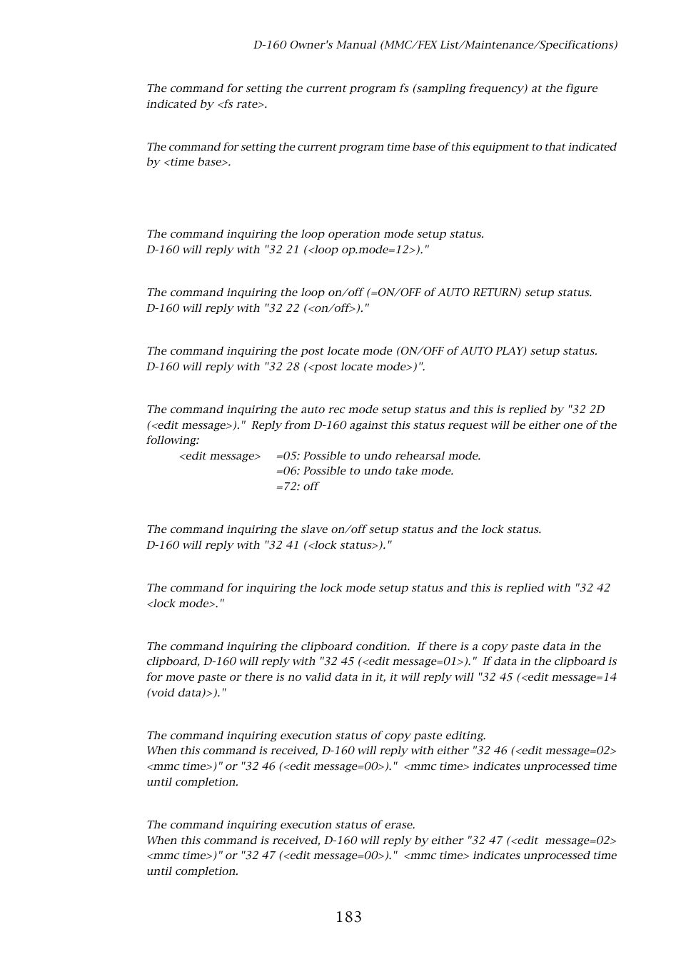 The status request command | Fostex D-160 User Manual | Page 183 / 196