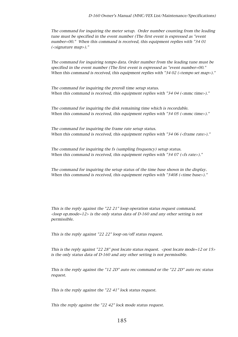 Explanation on the status reply | Fostex D-160 User Manual | Page 185 / 196
