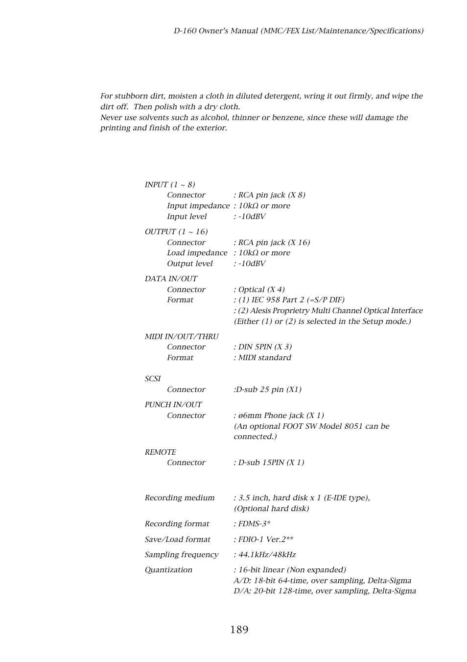 Maintenance, Specifications, Cleaning the exterior | Input/output, Recording/reproducing | Fostex D-160 User Manual | Page 189 / 196