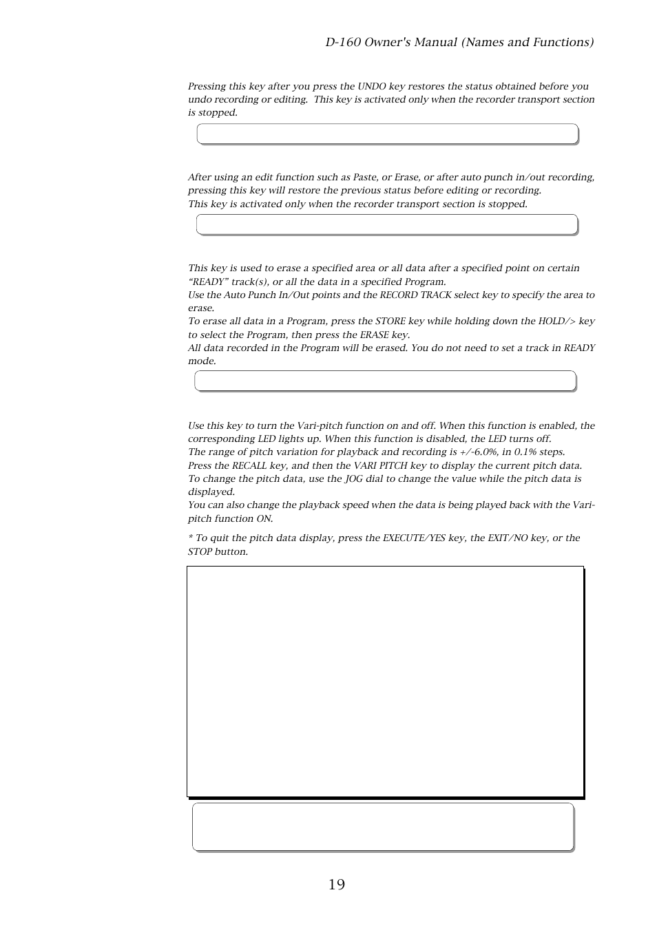 Redo key [redo, Undo key [undo, Erase key [erase | Vari-pitch key [vari pitch | Fostex D-160 User Manual | Page 19 / 196