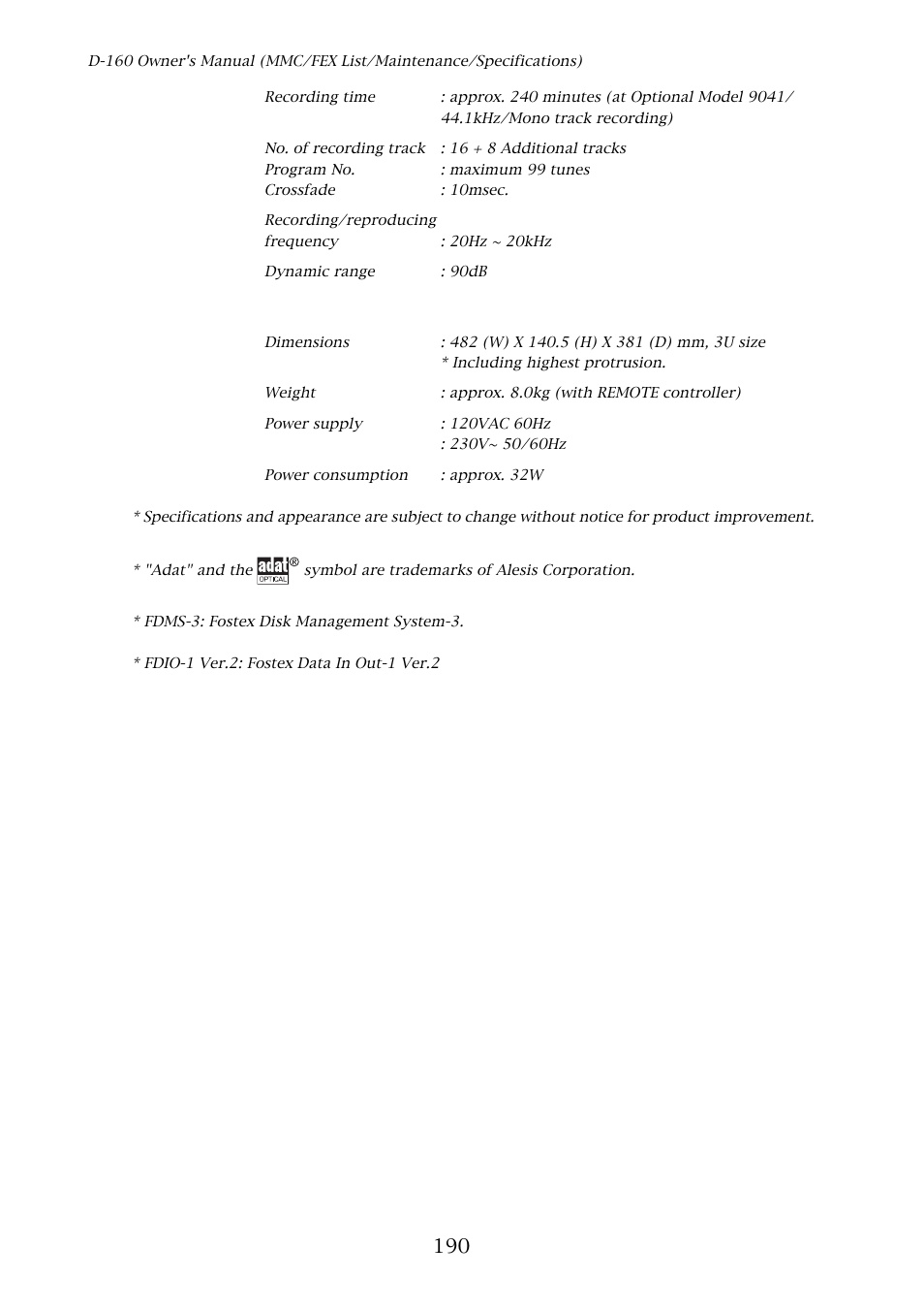 General | Fostex D-160 User Manual | Page 190 / 196