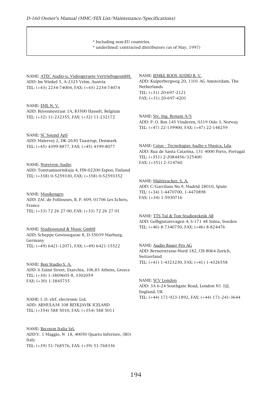 Fostex distributors list in europe | Fostex D-160 User Manual | Page 194 / 196