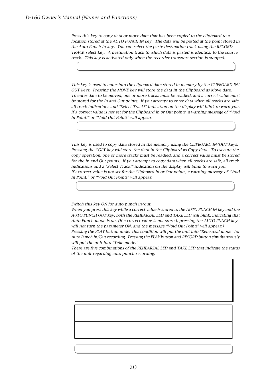 Paste key [paste, Move key [move, Copy key [copy | Auto punch mode on/off key [auto punch | Fostex D-160 User Manual | Page 20 / 196