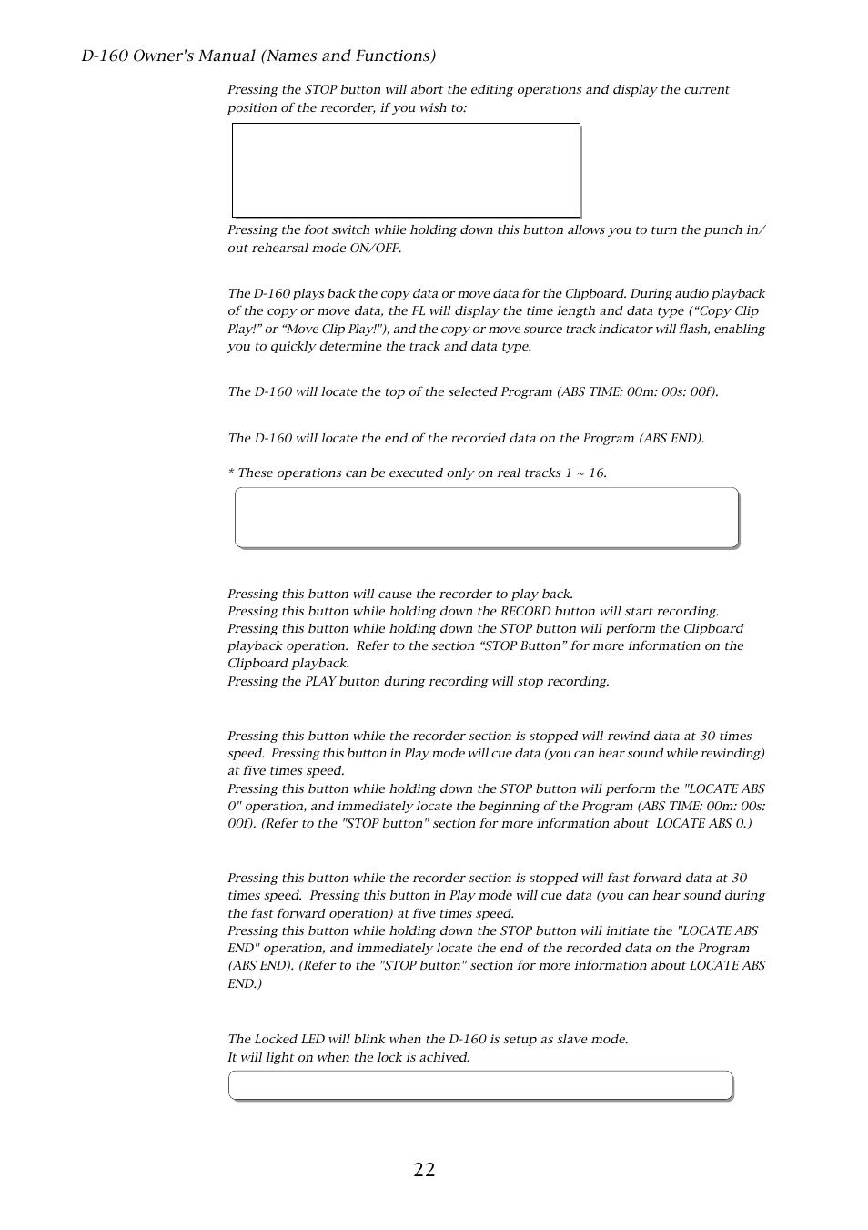 Play button [play, Rewind button [rewind, Fast forward button [f fwd | Locked led [locked | Fostex D-160 User Manual | Page 22 / 196