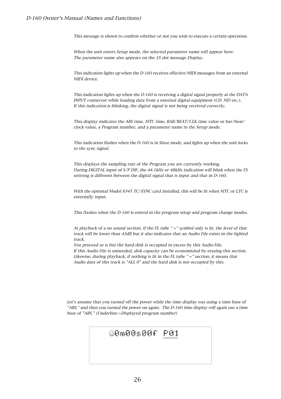 Switching the display using the disp sel key, D-160 owner's manual (names and functions), Sure | Load, save, format, mtc offset, tempo, Midi, Digital, 35 dot message display, Chase, Mtc in, tc in, Abs time display | Fostex D-160 User Manual | Page 26 / 196