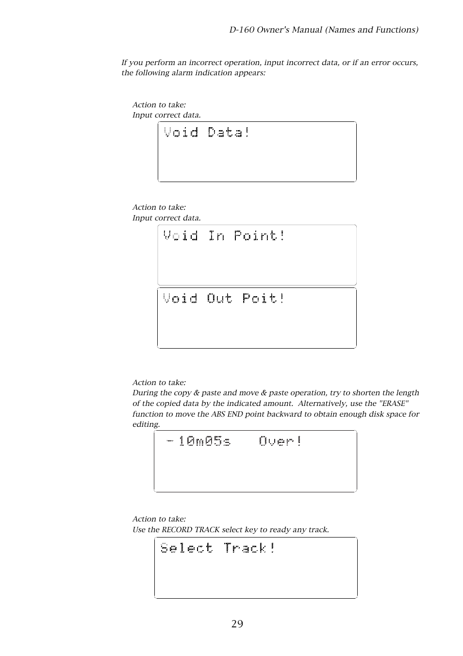 29 6. warning messages, D-160 owner's manual (names and functions) | Fostex D-160 User Manual | Page 29 / 196