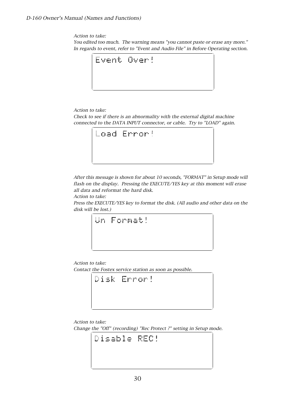 D-160 owner's manual (names and functions) | Fostex D-160 User Manual | Page 30 / 196