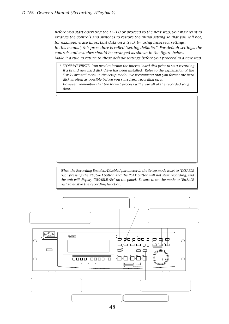 Default setting on the d-160, D-160 owner's manual (recording /playback), Outline of the initial settings | D-160 | Fostex D-160 User Manual | Page 48 / 196