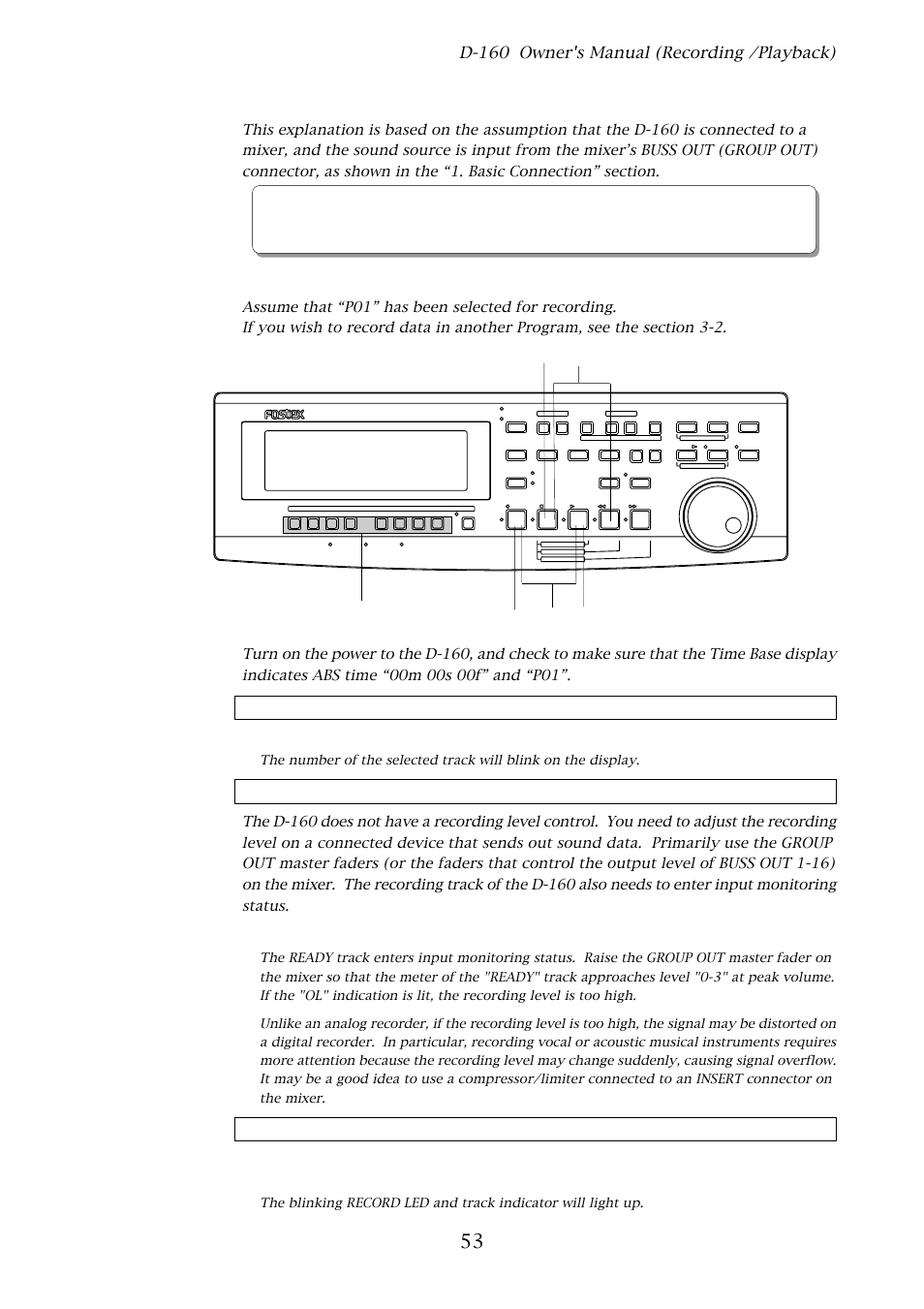 Analog recording and playback, 1. basic recording and playback, D-160 owner's manual (recording /playback) | Selecting a recording track 1, Adjusting the recording level, Start recording 3, D-160, Press the record button once | Fostex D-160 User Manual | Page 53 / 196