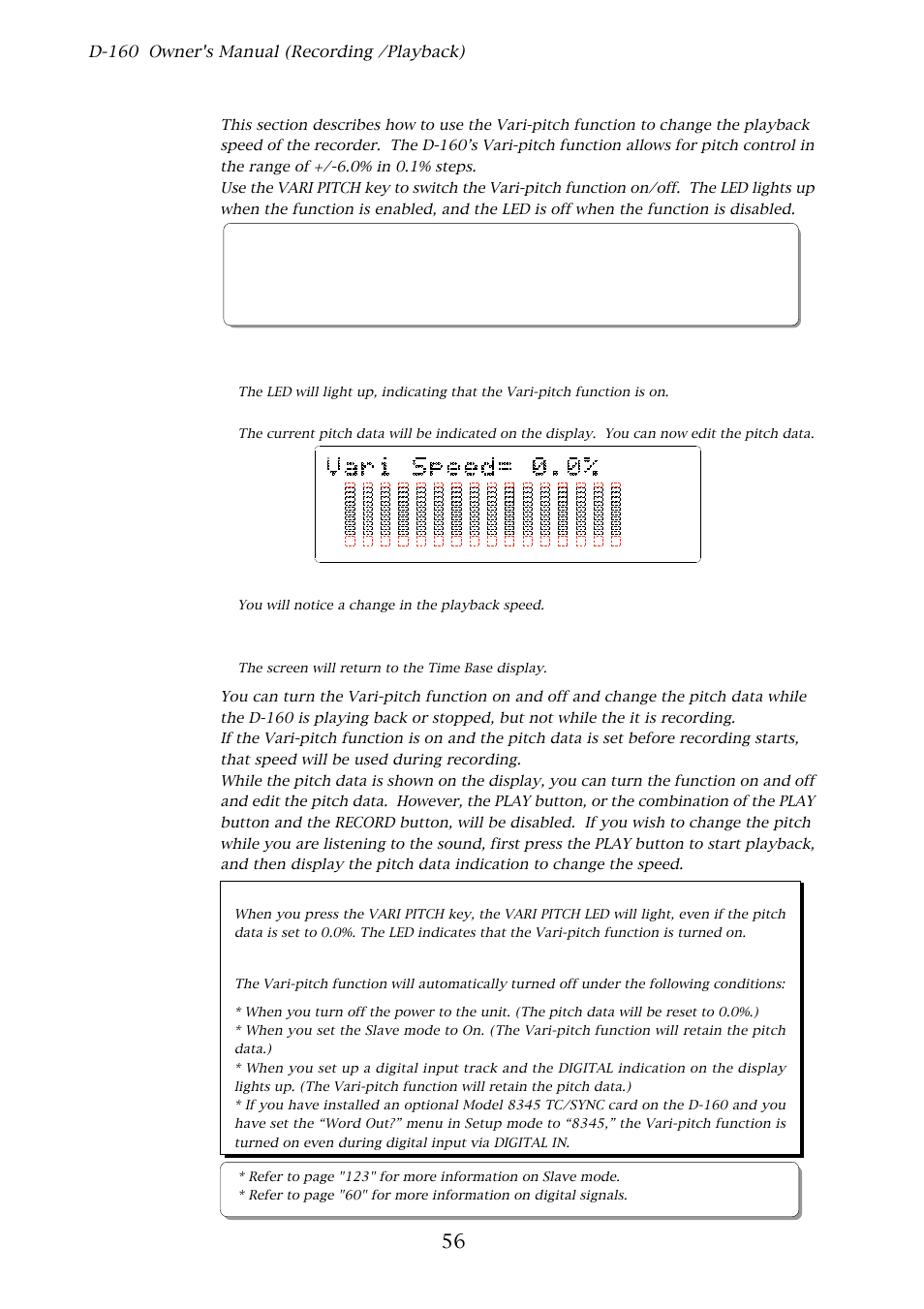 3. playback using the vari-pitch function, 56 3-3. playback using the vari-pitch function, D-160 owner's manual (recording /playback) | Press the play button to start playback, Press the vari pitch key, Use the jog dial to edit the pitch data | Fostex D-160 User Manual | Page 56 / 196