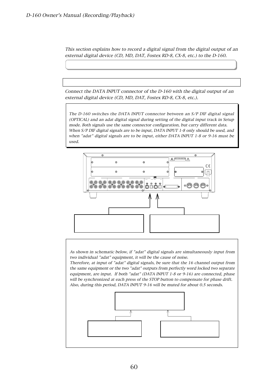 Digital recording, D-160 owner's manual (recording/playback), Connecting an external digital device | External digital equipment, D-160, Adat, Optical, Ne pas ouvrir :risque de choc electrique, Do not open risk of electric shock, Restore the default settings on the d-160 | Fostex D-160 User Manual | Page 60 / 196